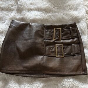 Brown Leather Mini Skirt with Buckle Detail